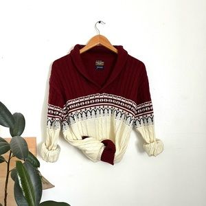 Vintage Burgundy Color V-Neck Shawl Collar Pullover Sweater